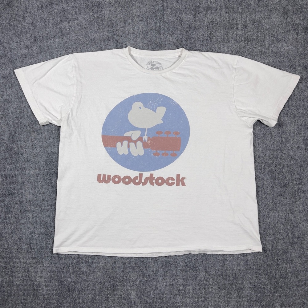 Woodstock Goodie Two Sleeves T-Shirt Mens Large White Graphic Bird Guitar Logo